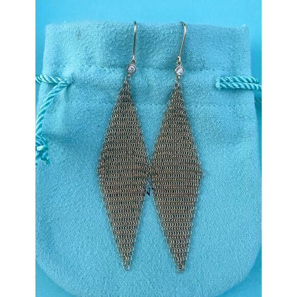 Tiffany & Co. 18k Gold Peretti Diamond Drop Dangle Mesh Scarf Hook Earrings 3” - Picture 7 of 10